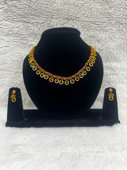Elegant Gold-Tone Pink Stone Necklace & Earrings Set-7476