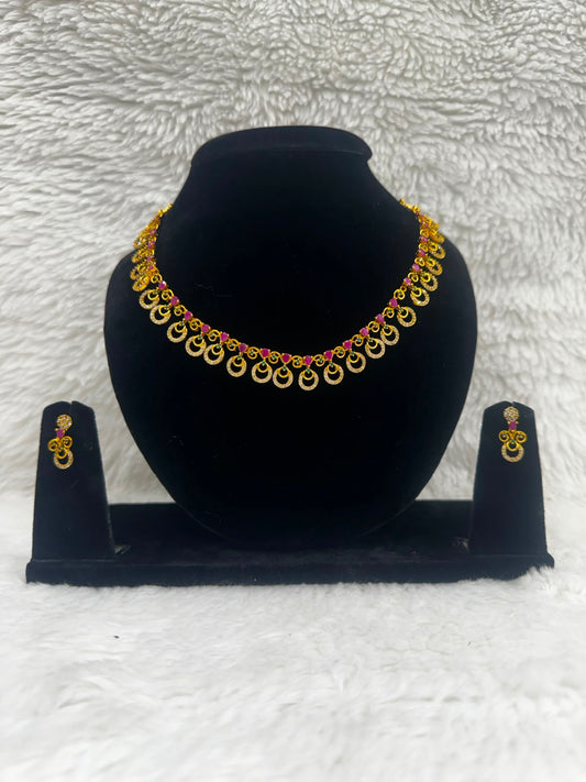 Elegant Gold-Tone Pink Stone Necklace & Earrings Set-7476