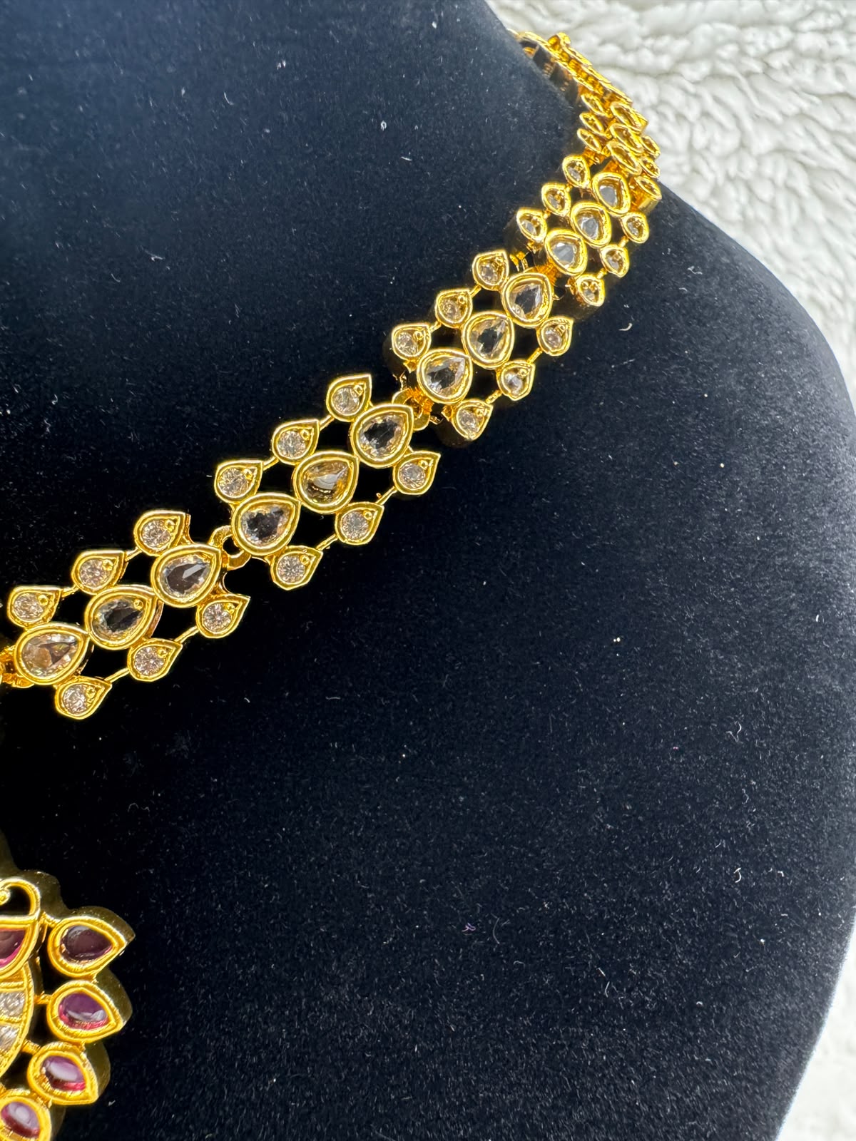 Traditional Gold - plated kundan Necklace with Ruby pendant-7493