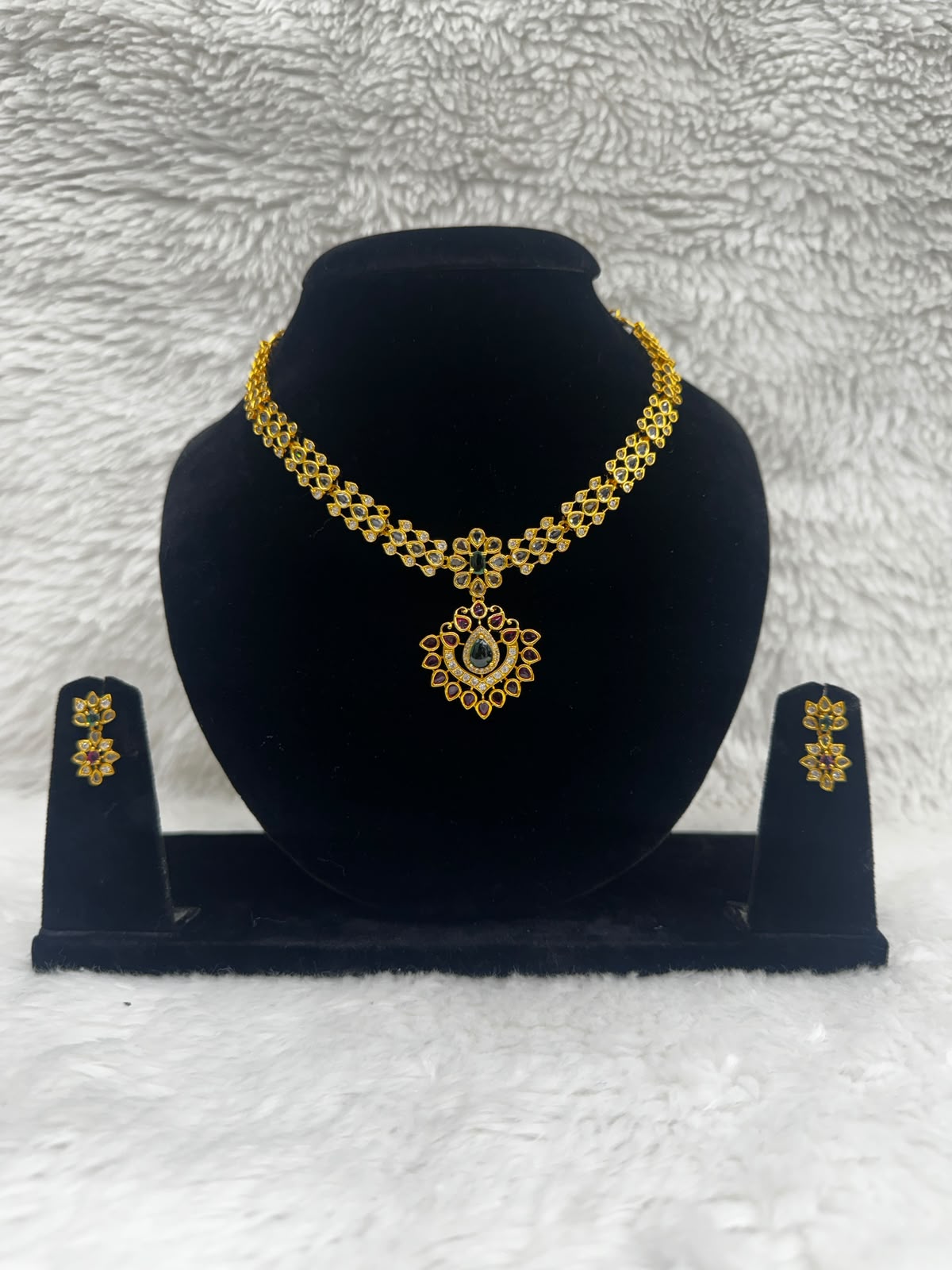 Traditional Gold - plated kundan Necklace with Ruby pendant-7493