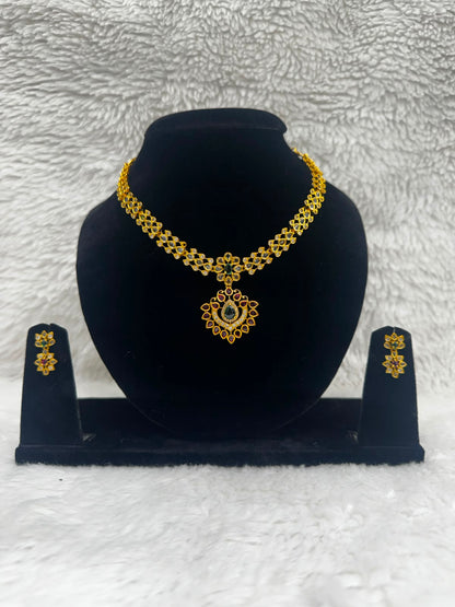 Traditional Gold - plated kundan Necklace with Ruby pendant-7493