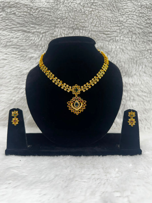 Traditional Gold - plated kundan Necklace with Ruby pendant-7493