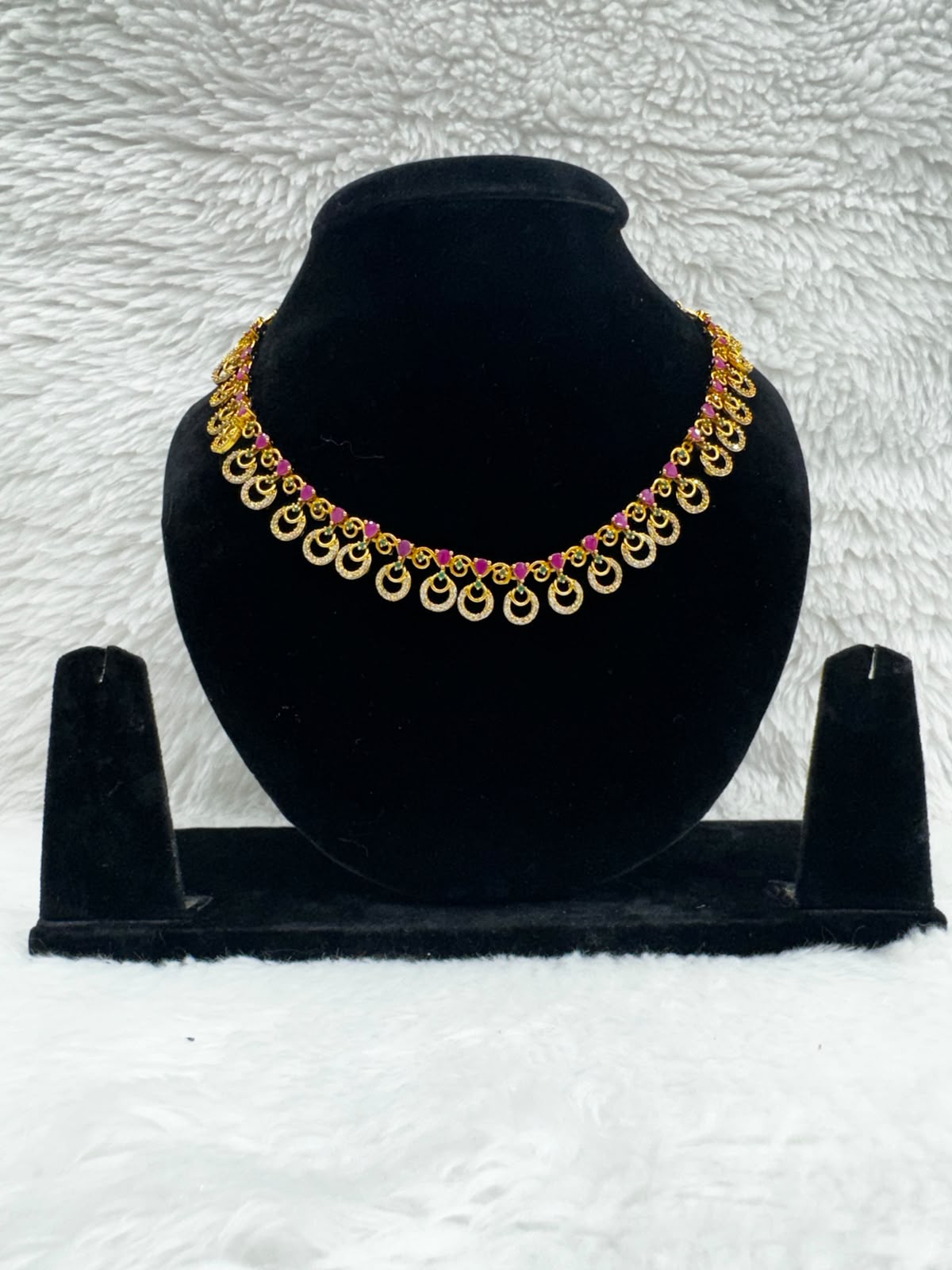 Elegant Gold-Tone Pink Stone Necklace & Earrings Set-7476