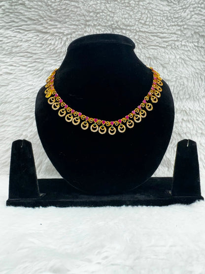 Elegant Gold-Tone Pink Stone Necklace & Earrings Set-7476