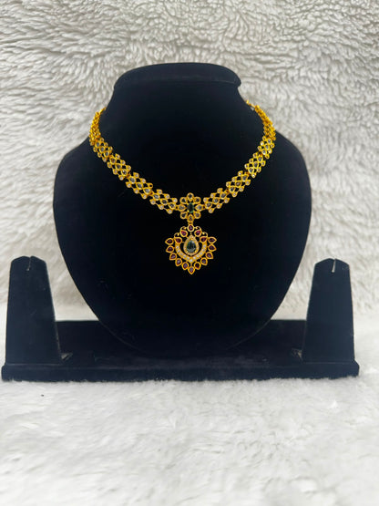 Traditional Gold - plated kundan Necklace with Ruby pendant-7493