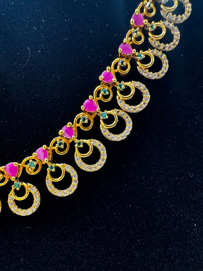 Elegant Gold-Tone Pink Stone Necklace & Earrings Set-7476