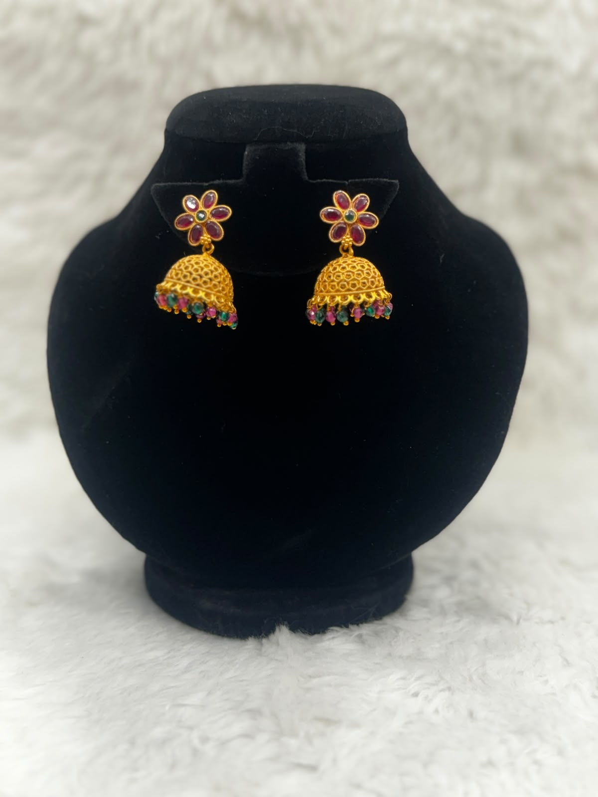 Gold Flower Kemp Jhumka Earringswith Colorful Beads-7385
