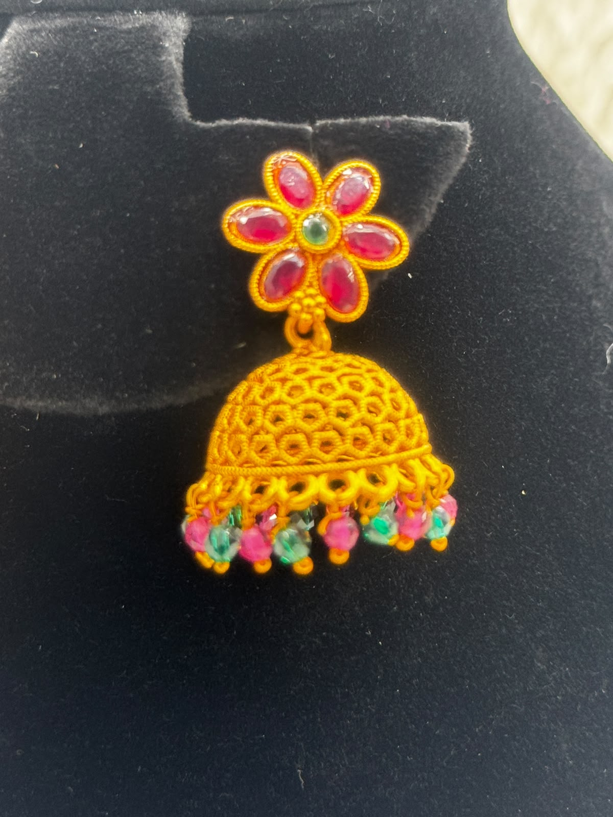 Gold Flower Kemp Jhumka Earringswith Colorful Beads-7385