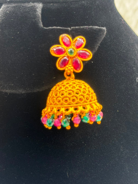 Gold Flower Kemp Jhumka Earringswith Colorful Beads-7385