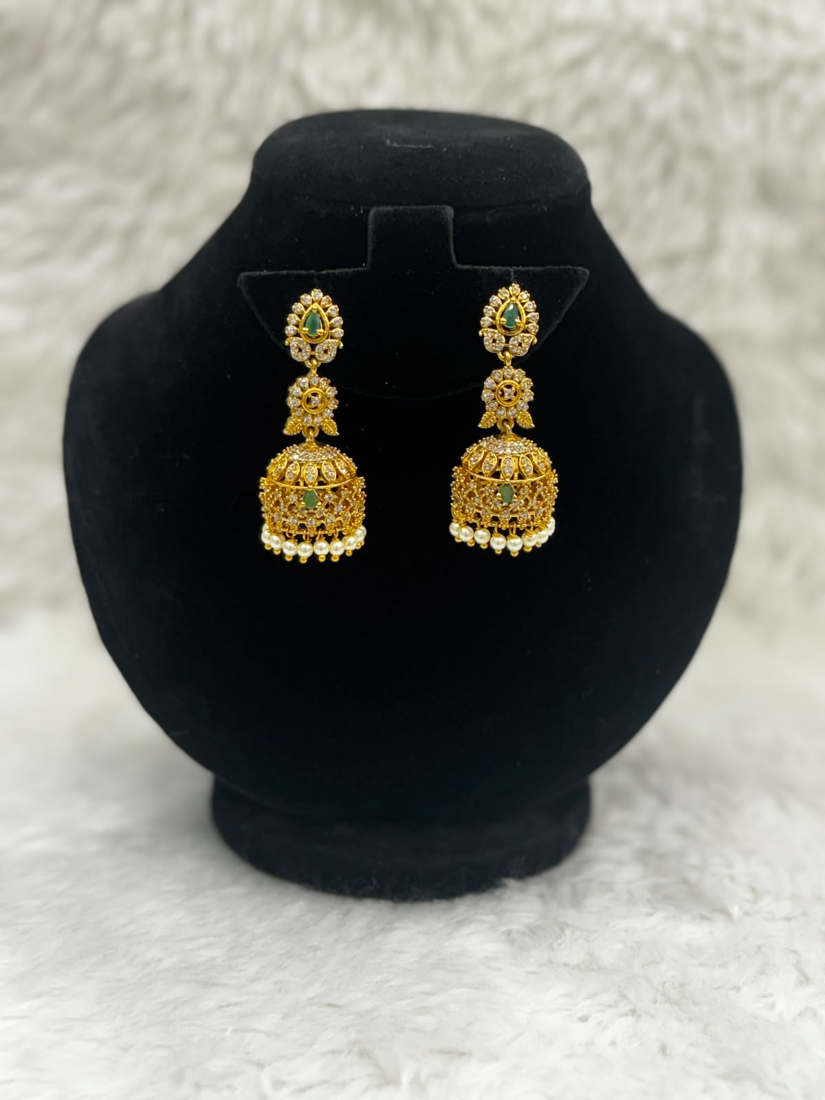 Royal Antique Gold  Temple Jhumka Earrings with Emerald and pearl Drop-7535