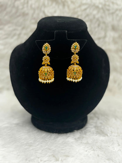 Royal Antique Gold  Temple Jhumka Earrings with Emerald and pearl Drop-7535