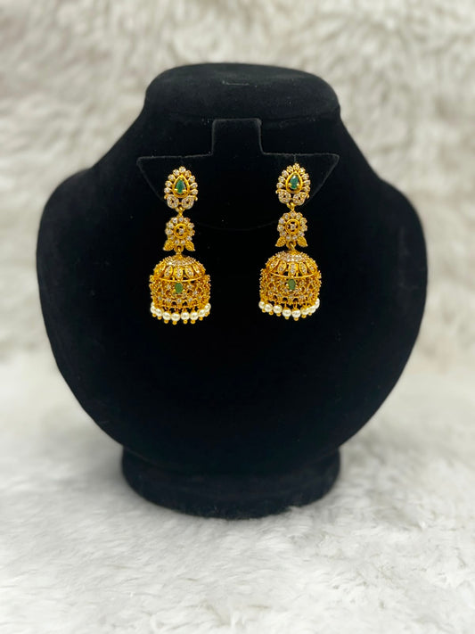 Royal Antique Gold  Temple Jhumka Earrings with Emerald and pearl Drop-7535