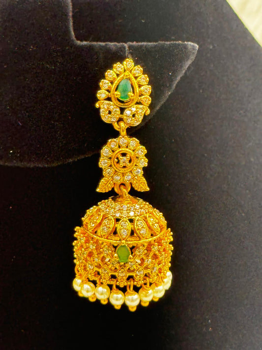 Royal Antique Gold  Temple Jhumka Earrings with Emerald and pearl Drop-7535