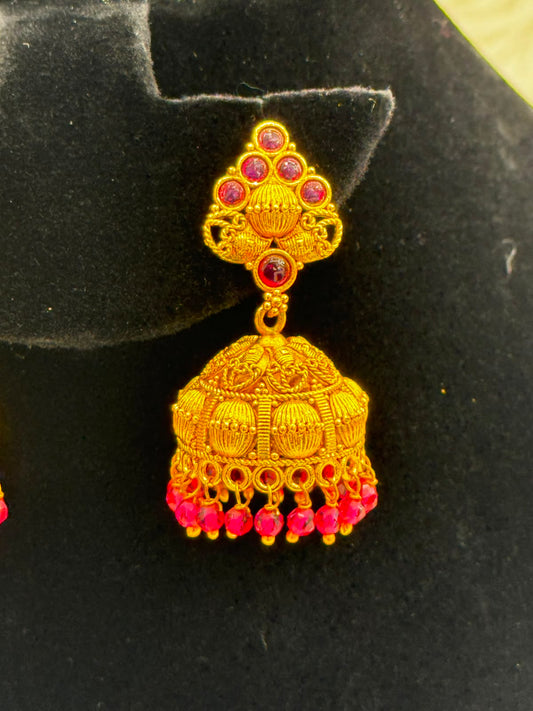 Gold Plated Temple Jhumka Earrings with pink Bead Hangings -7374