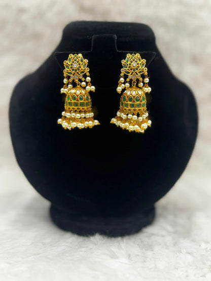 Royal Gold kundan Jhumka Earrings with Emerald and pearl work -7417