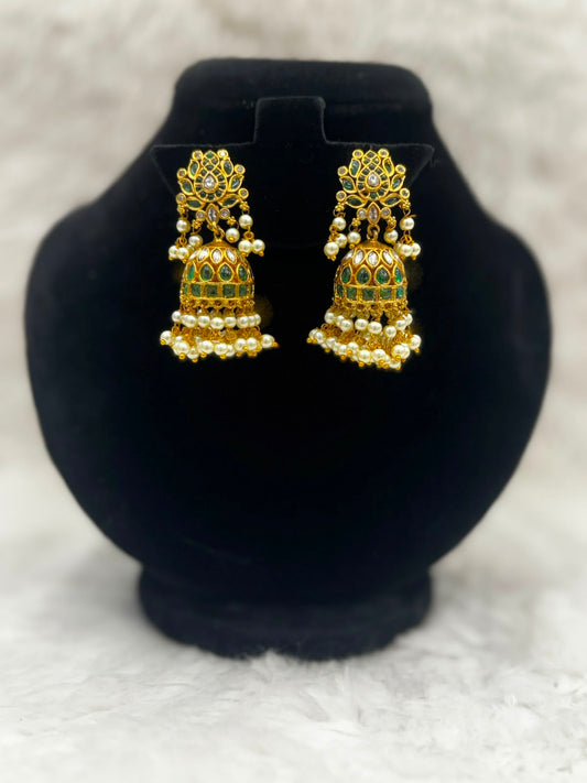 Royal Gold kundan Jhumka Earrings with Emerald and pearl work -7417