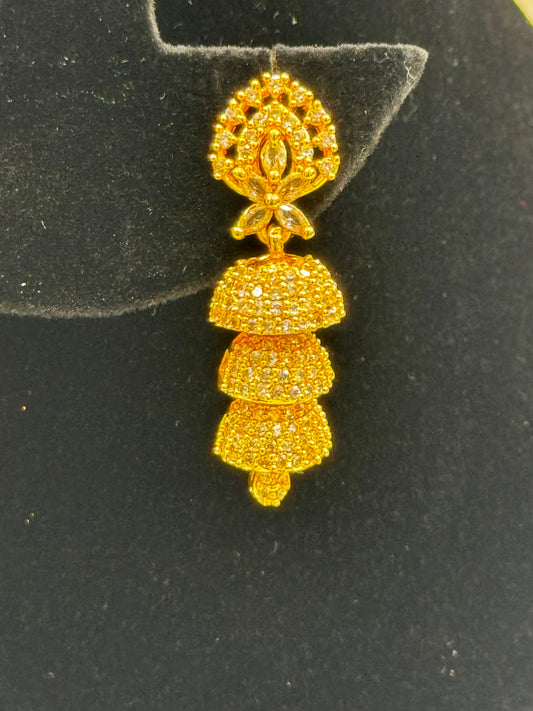 Triple Layer Gold Plated CZ Jhumka Earrings-7252