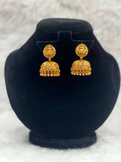 Gold plated Temple Jhumka Earrings with stone -7159