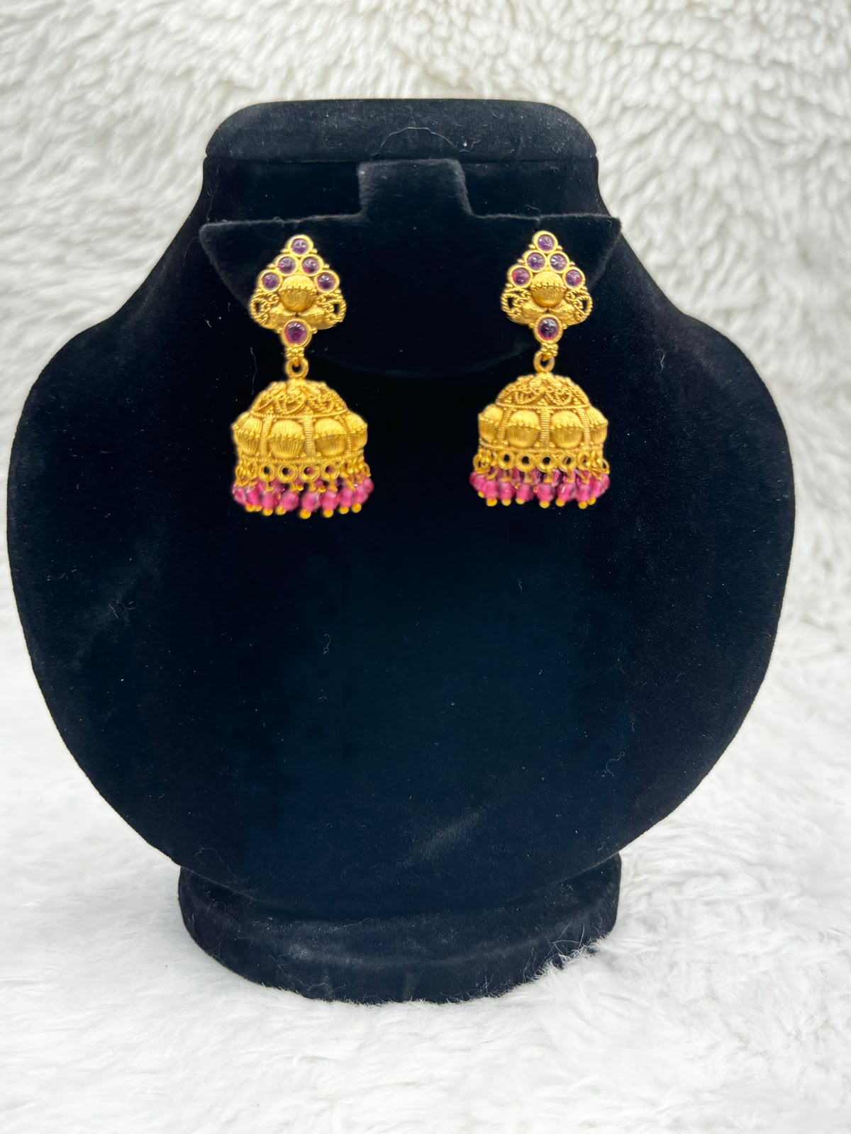 Gold Plated Temple Jhumka Earrings with pink Bead Hangings -7374