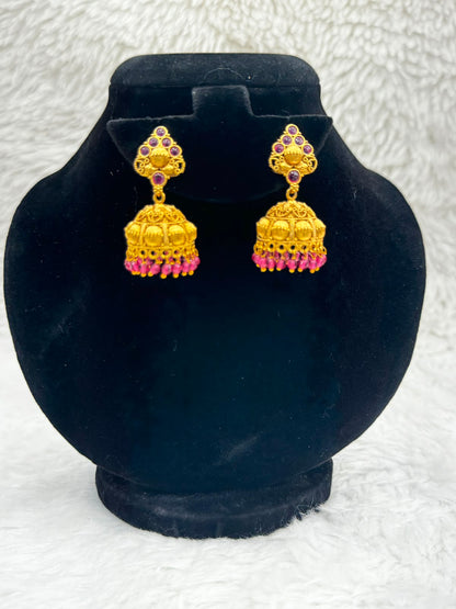 Gold Plated Temple Jhumka Earrings with pink Bead Hangings -7374
