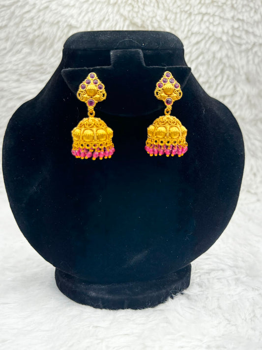 Gold Plated Temple Jhumka Earrings with pink Bead Hangings -7374