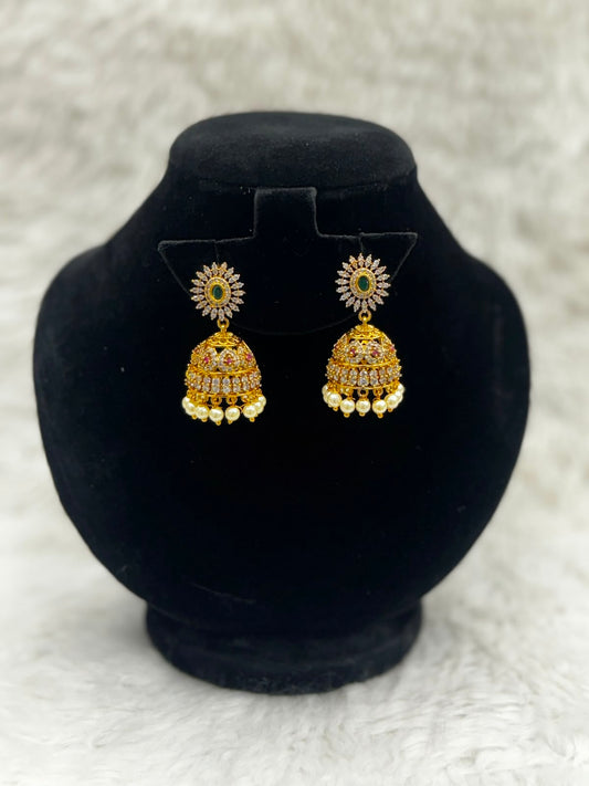 Royal Gold plated Flower Jhumka Earrings with pearl and stone work -7526