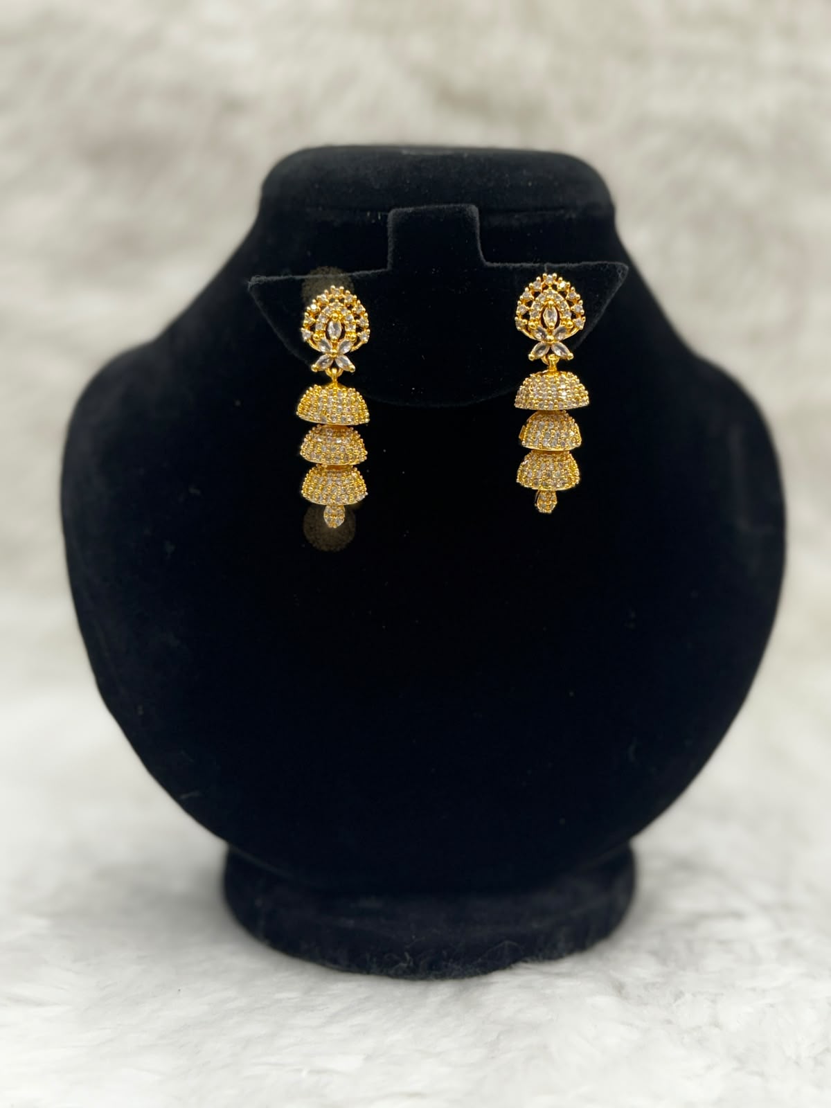Triple Layer Gold Plated CZ Jhumka Earrings-7252