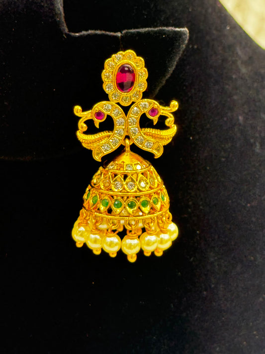 Antique Gold plated Jhumka Earringswith pearl Drop -7528