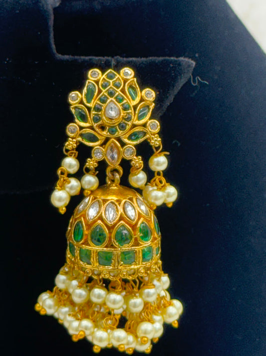 Royal Gold kundan Jhumka Earrings with Emerald and pearl work -7417