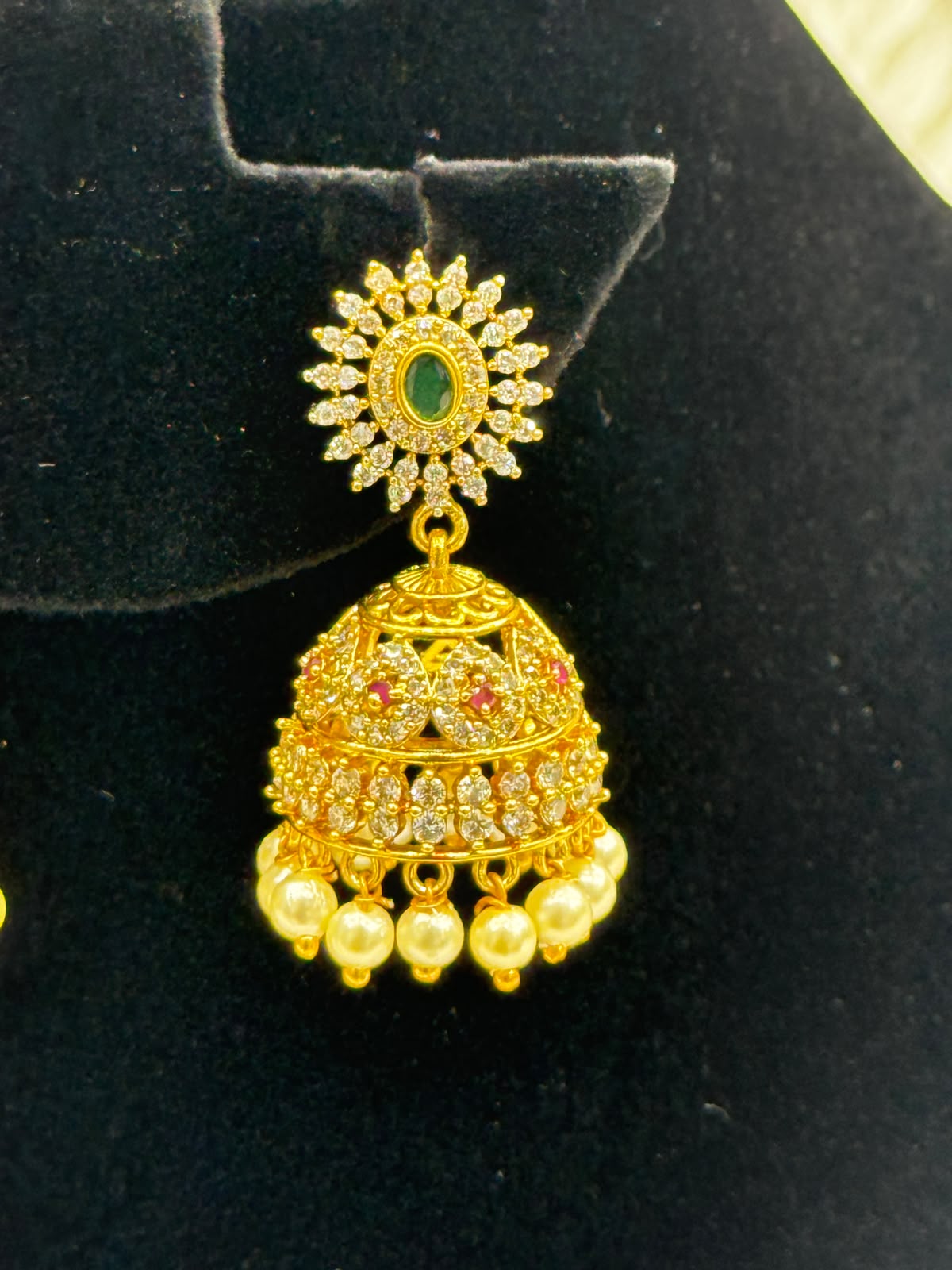 Royal Gold plated Flower Jhumka Earrings with pearl and stone work -7526