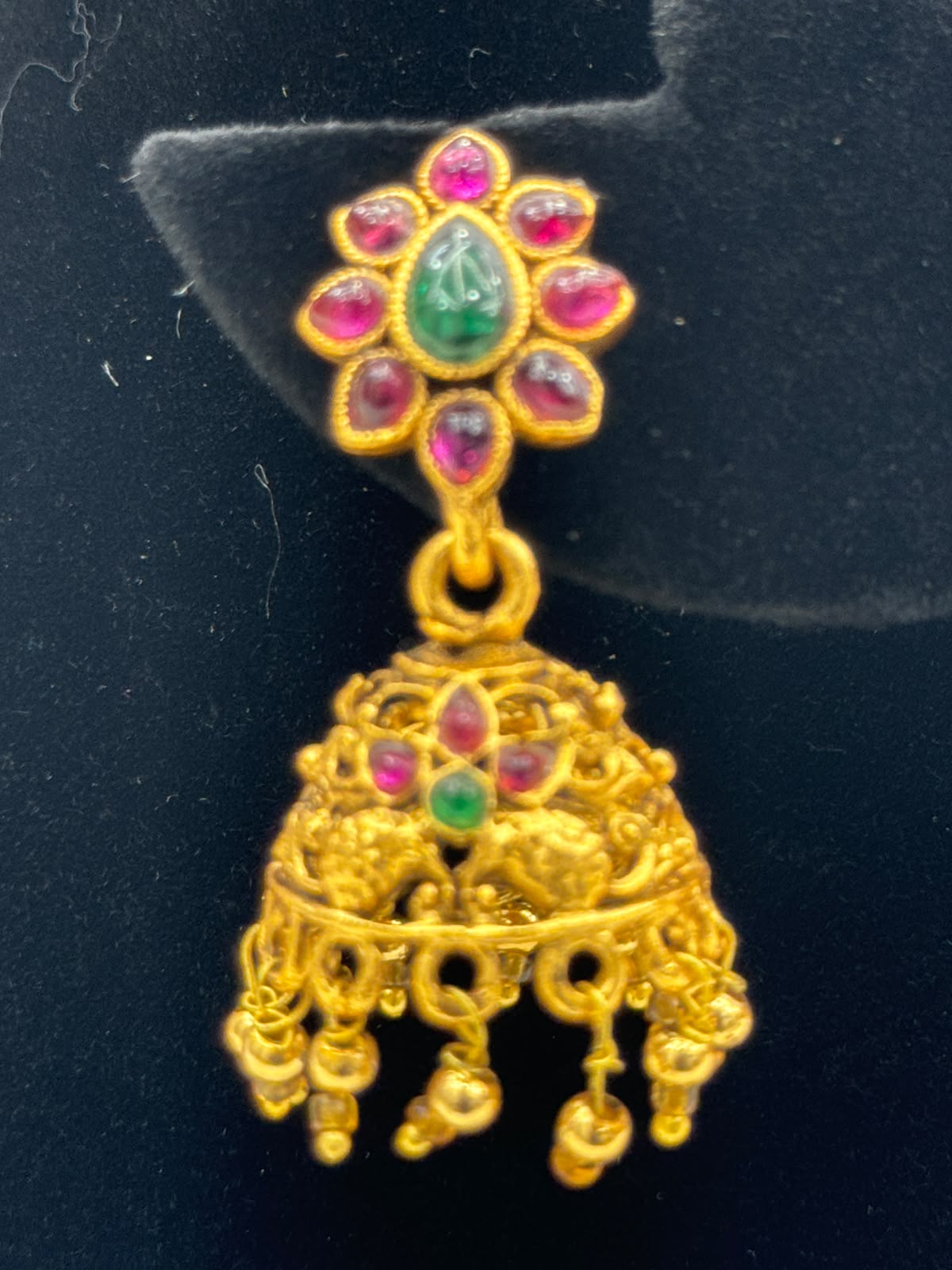 Floral Gold Jhumka Earrings with Emerald Temple for women -7211