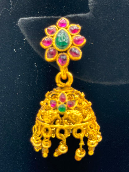 Floral Gold Jhumka Earrings with Emerald Temple for women -7211