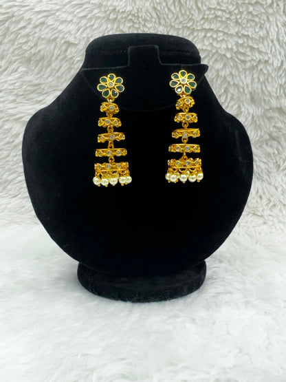 Long Gold Plared Layered Drop Earrings with Flower stud and pearl Hang-7523