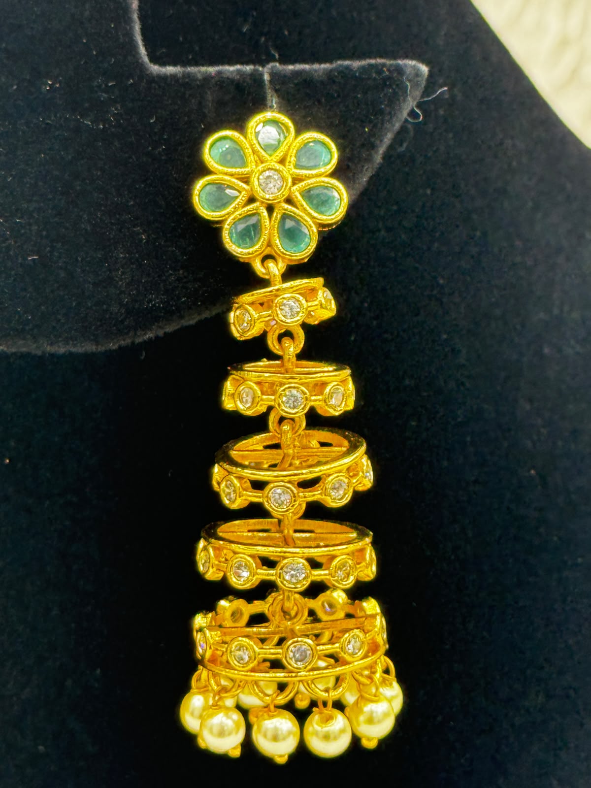 Long Gold Plared Layered Drop Earrings with Flower stud and pearl Hang-7523