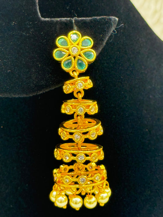 Long Gold Plared Layered Drop Earrings with Flower stud and pearl Hang-7523