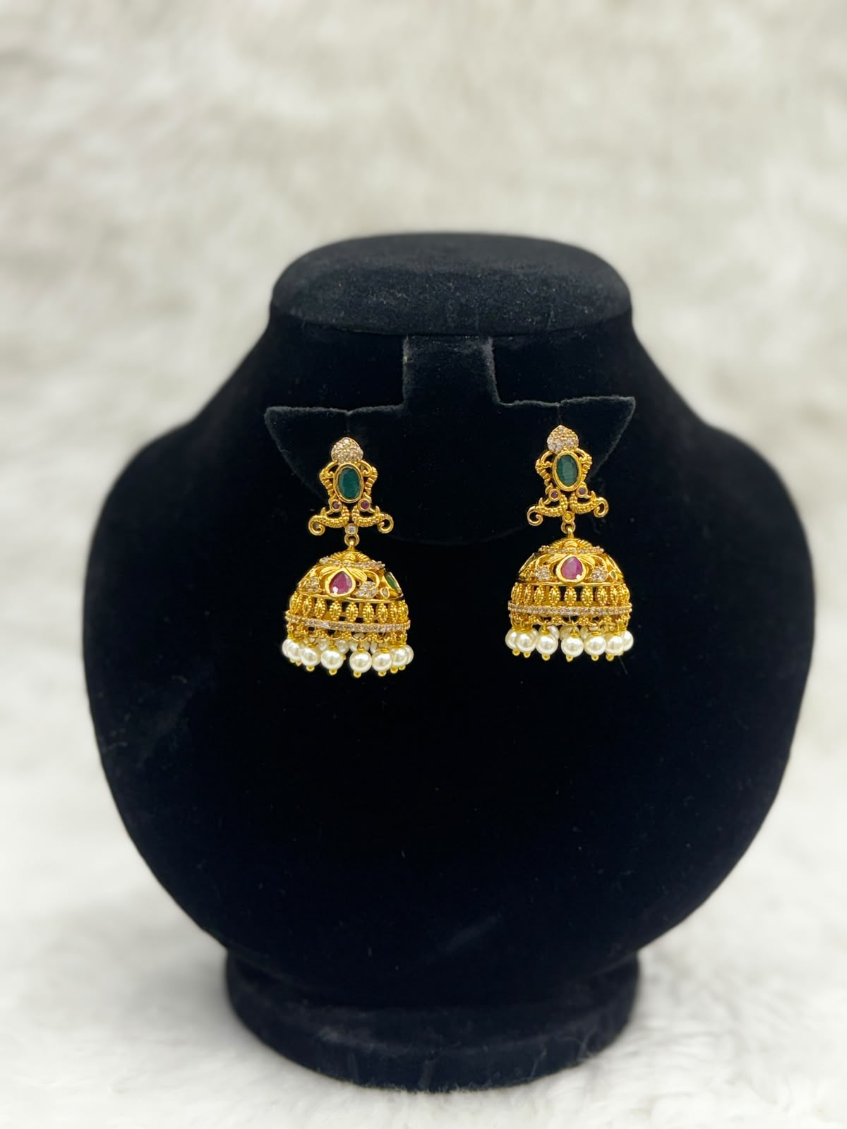 Royal Antique Gold Plated Earrings with Emarald and pearl work -7414