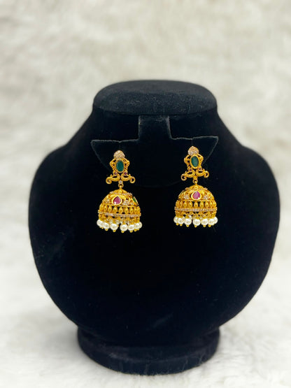Royal Antique Gold Plated Earrings with Emarald and pearl work -7414
