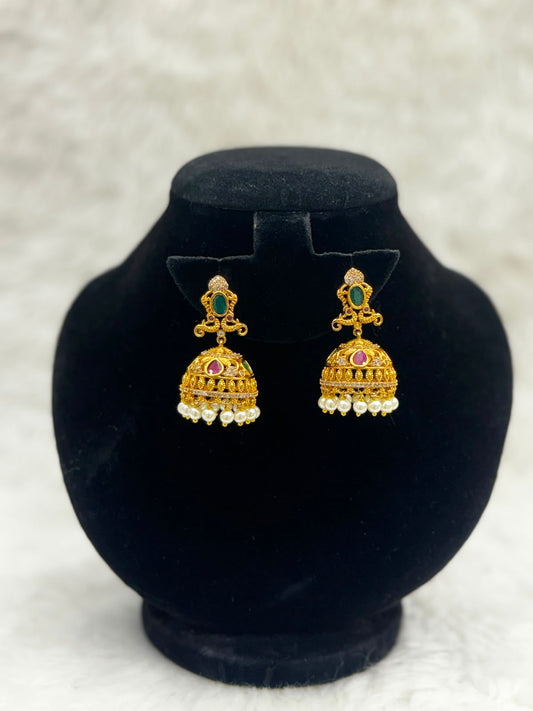 Royal Antique Gold Plated Earrings with Emarald and pearl work -7414