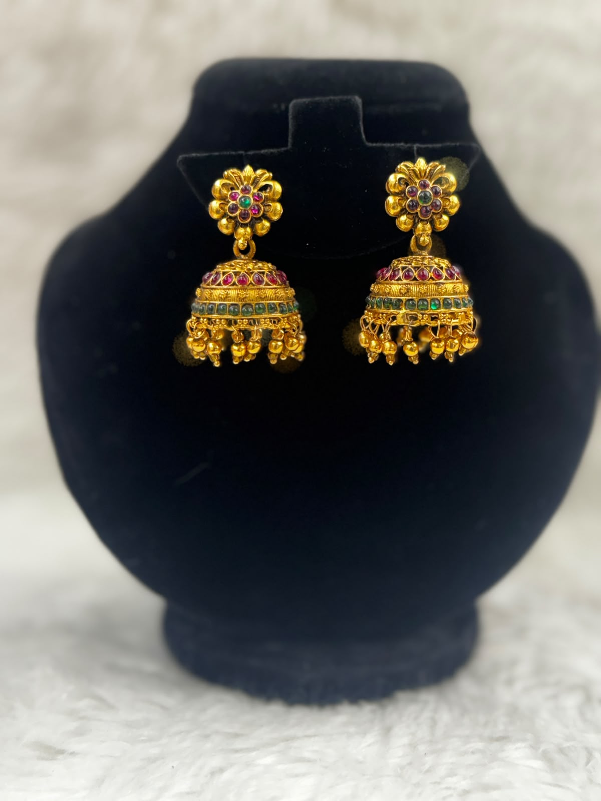 Layered Gold Temple Jhumka Earrings with Floral stud -7118