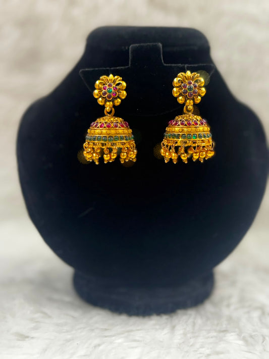 Layered Gold Temple Jhumka Earrings with Floral stud -7118