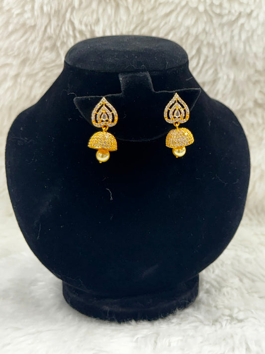 Designer Gold Leaf CZ Jhumka Earrings with pearl Drop-6325