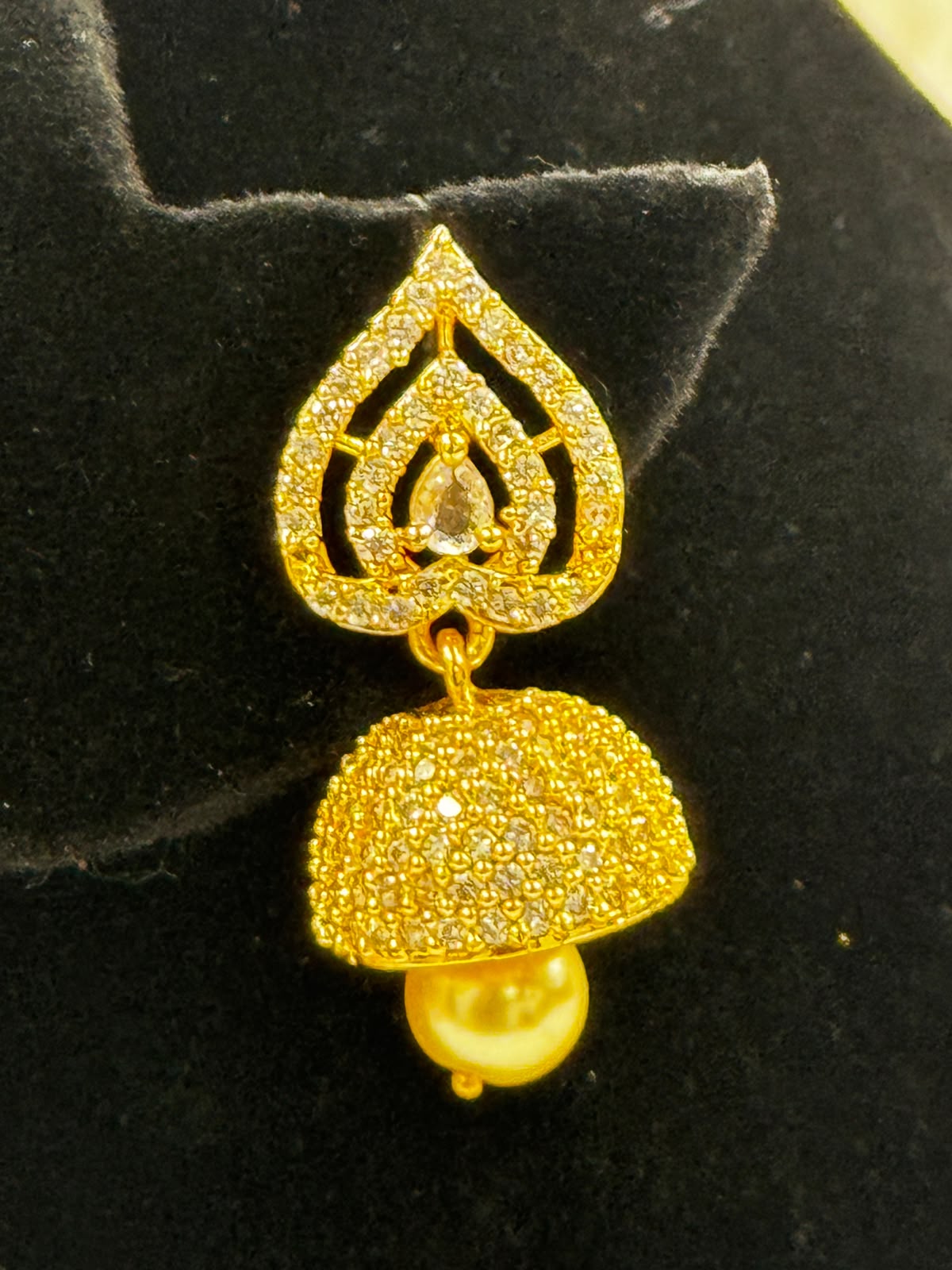 Designer Gold Leaf CZ Jhumka Earrings with pearl Drop-6325
