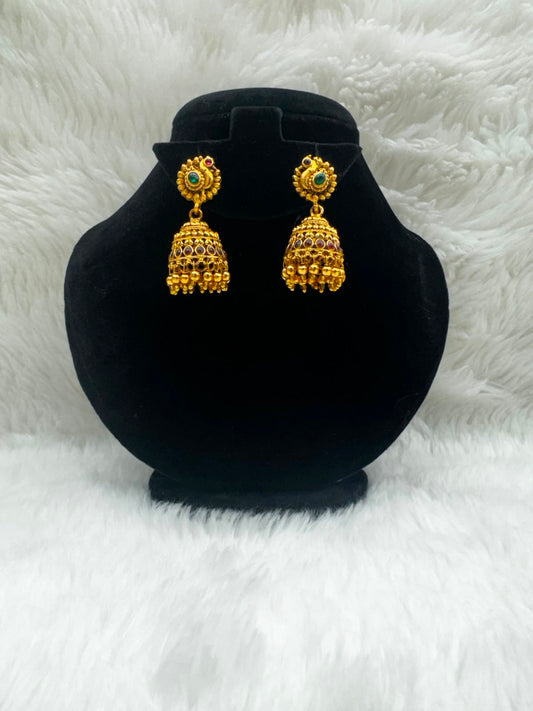 Antique Gold plated peacock jhumka Earrings with kemp and Emerald stones-7207