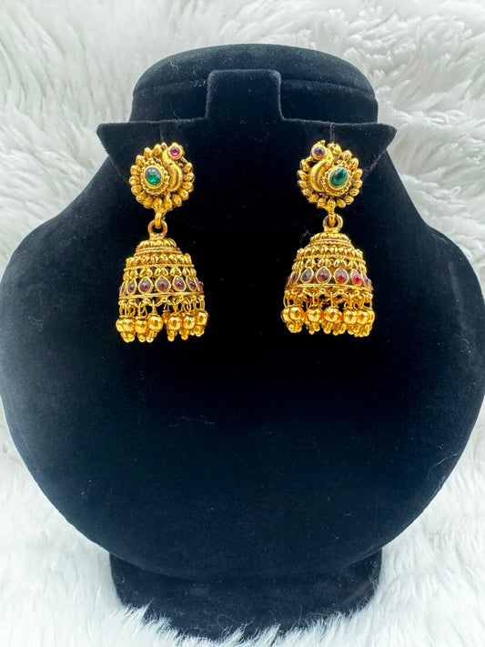 Antique Gold plated peacock jhumka Earrings with kemp and Emerald stones-7207