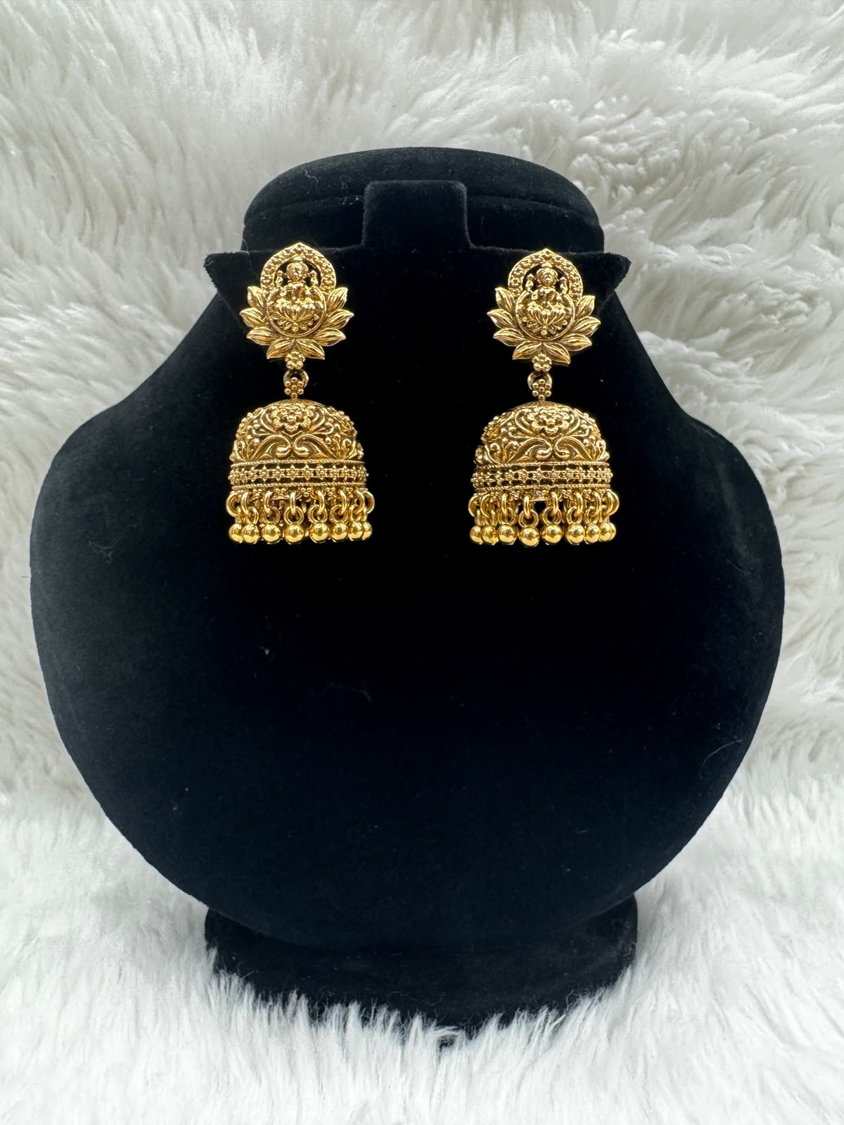 Gold plated Lakshmi Devi Earrings with Lotus Design -7160
