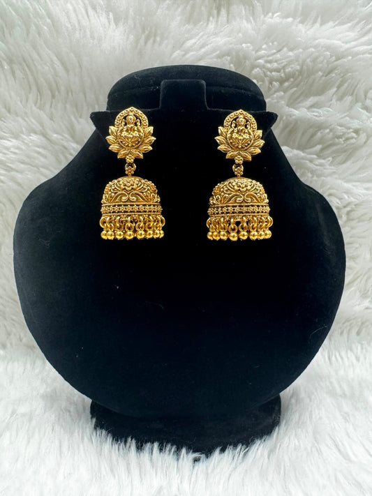 Gold plated Lakshmi Devi Earrings with Lotus Design -7160