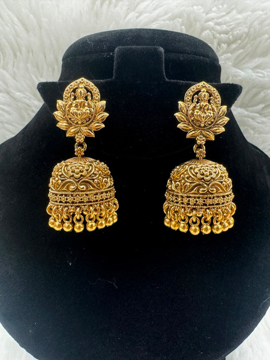 Gold plated Lakshmi Devi Earrings with Lotus Design -7160