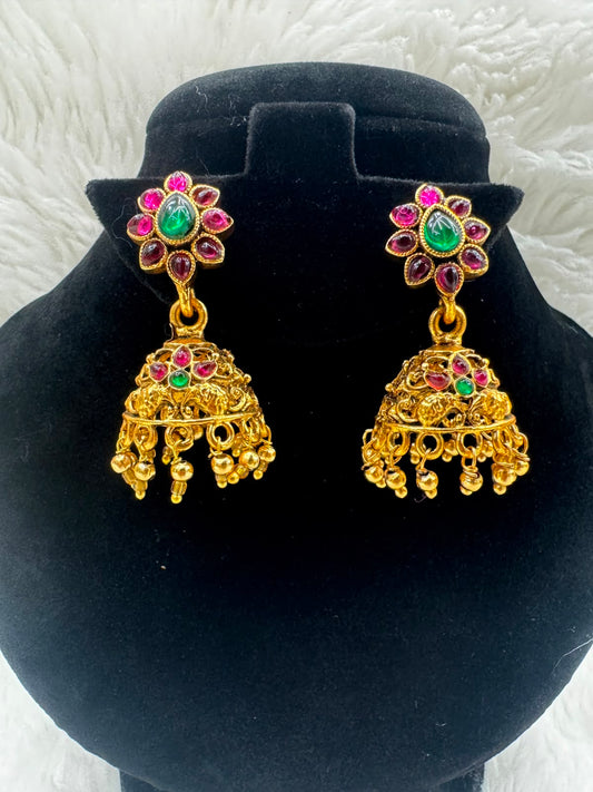 Antique Gold Jhumka set with colorfull madal set -7212