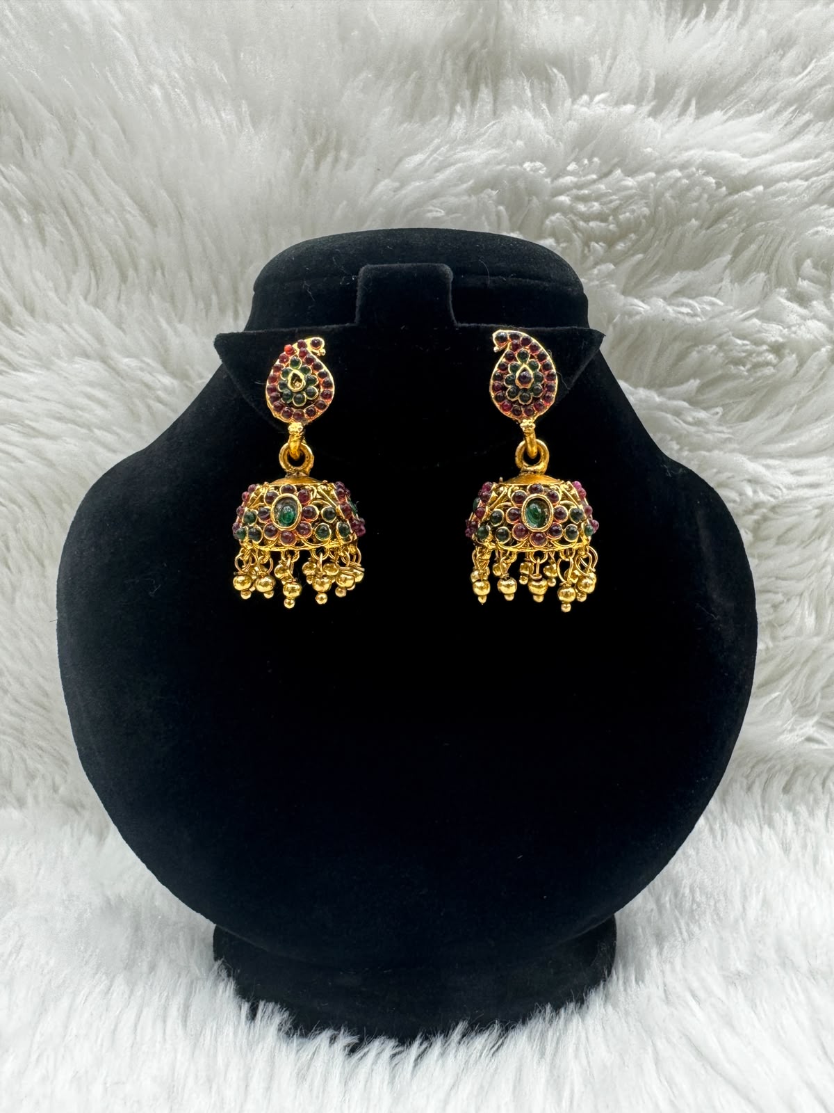Antique Gold plated kemp Jhumka Earrings with ruby and Emerald Stones Jewelry -7228