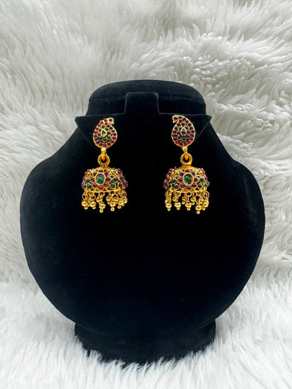 Antique Gold plated kemp Jhumka Earrings with ruby and Emerald Stones Jewelry -7228